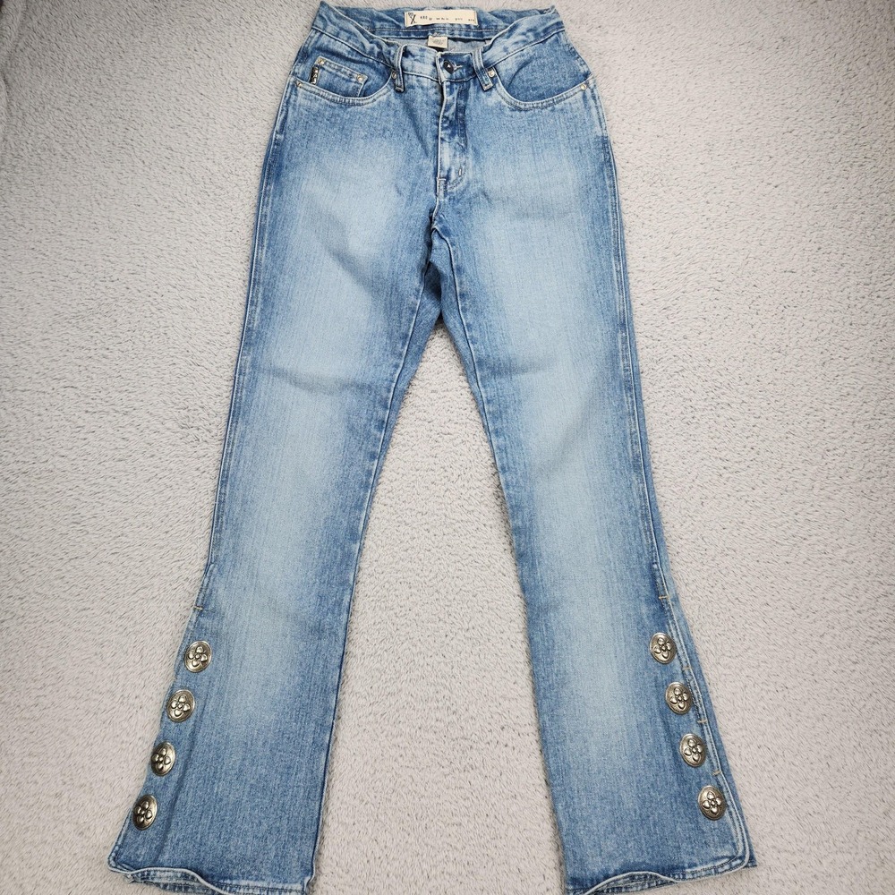 GX Jeans Womens Teen 3/4 Light Wash High Rise Bootcut Side Button Hem Denim
